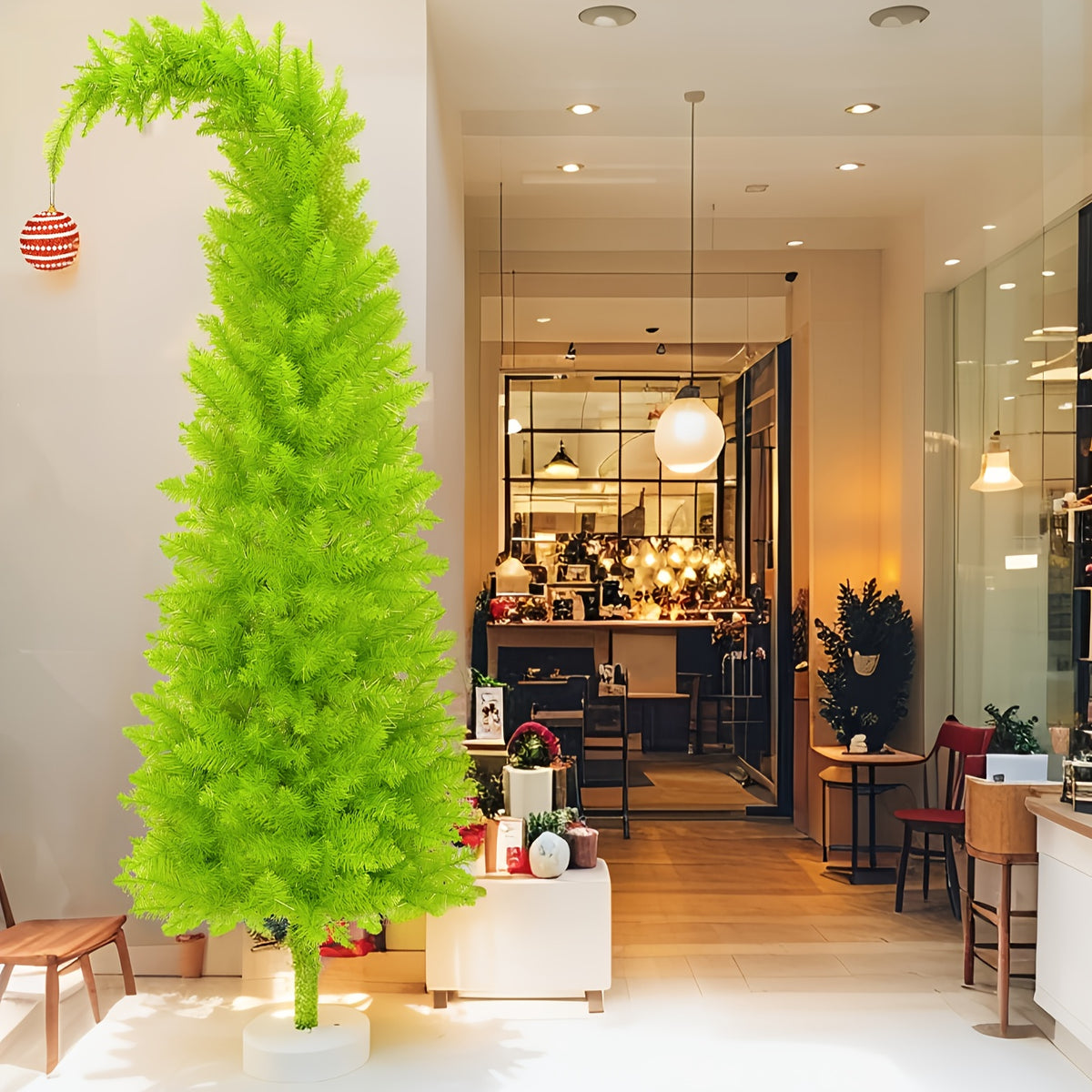 6-Foot Christmas Tree, Shop Window Decoration, Bendable, with Tree Skirt, String Lights, Christmas Ball, Artificial Christmas Tree Stand, Unique Christmas Tree Decorations, Party Christmas Decorations