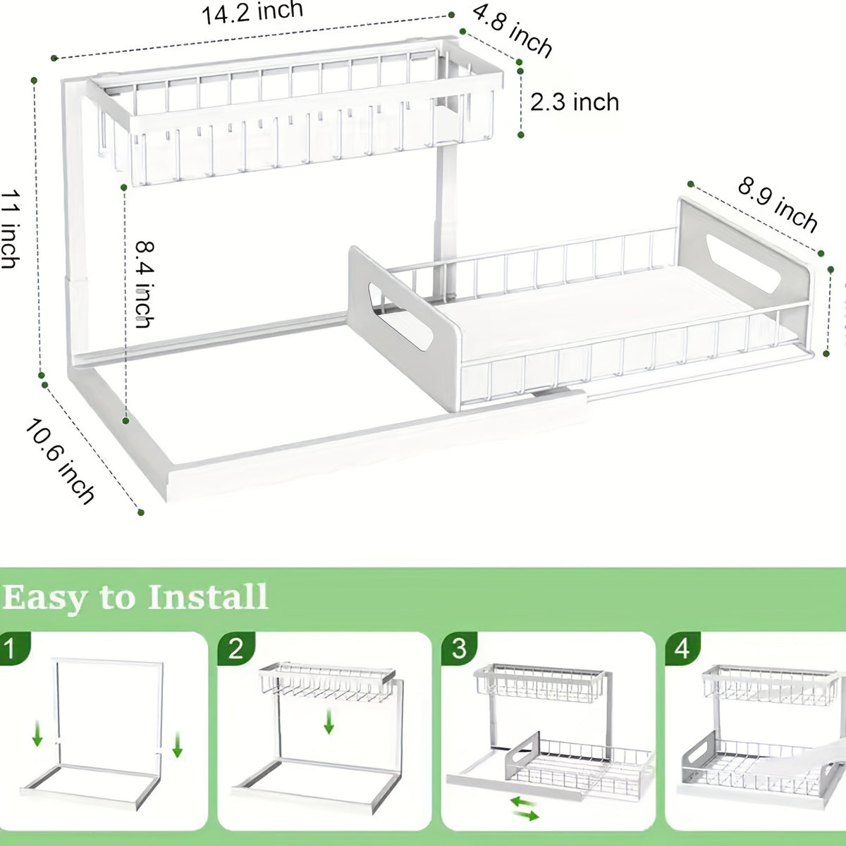 2Pack-2-Tier Slide-Out Under Sink Organizer -Pull-Out Cabinet Shelf with Adjustable Compartments, Featuring a Sliding Pull-Out Shelf Made of Metal, Ideal for Organizing Kitchen, Bathroom, Pantry, Or Closet Spaces