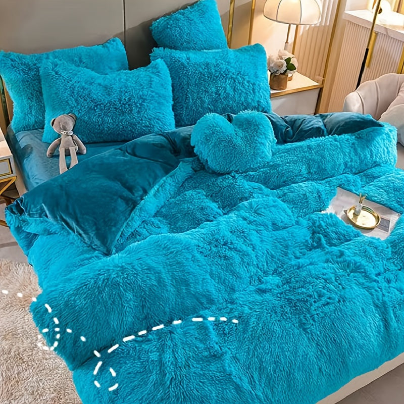 4pcs Fluffy Comforter Cover Set Queen King, Soft Plush Duvet Cover Set with Pillow Shams, All Season Cozy Bedding, No Insert