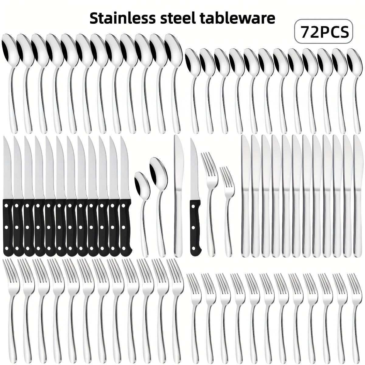 72pcs/48pcs/20pcs Stainless Steel Silverware Flatware Cutlery Set, Includes Dinner Knife Fork Spoon Steak Knives, Food Grade Rust And Scratch Resistant Tableware