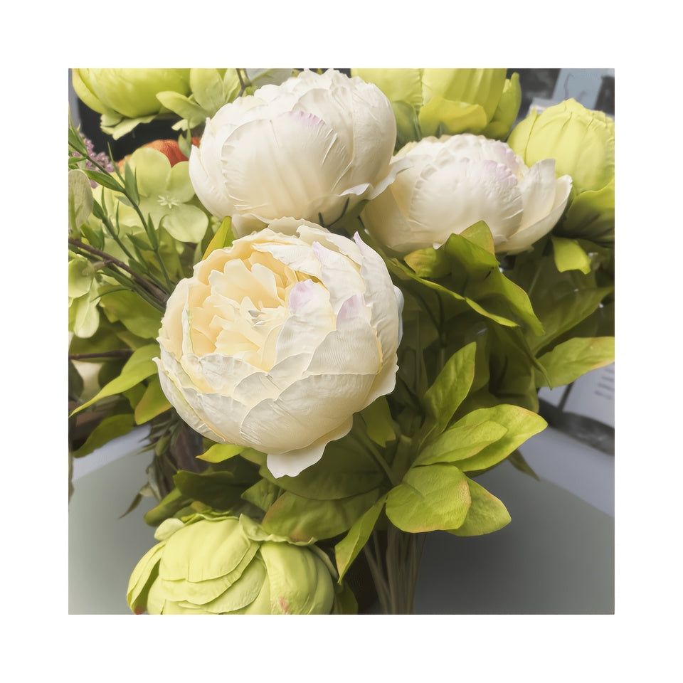 Rustic Faux Peony Bouquet, One Bunch of Beige and Green Artificial Peonies and Hydrangeas with Brown Stem Accents for Wedding Centerpieces and Home Decor