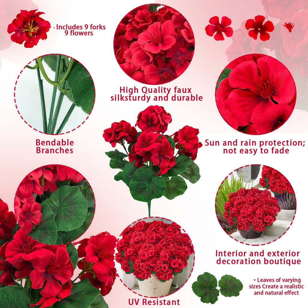 8/16 Bundles 13.77 In Artificial Geranium Flowers For Outdoors Geranium Flowers Outdoor Red Artificial Flowers UV Resistant Garden Plants Faux Flowers For Home Kitchen Table Centerpieces Patio Decor
