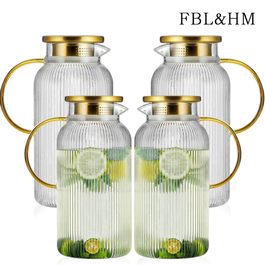 FBL&HM 2/4 PACK Glass Pitcher With 304 Stainless Steel Lid, 68 Oz/ 2 Liter Classic Vertical Stripes Water Pitcher, Glass Water Carafe For Cold Brew, Coffee, Lemonade, Iced Sun Tea, Beverage, Milk, Heat Resistant