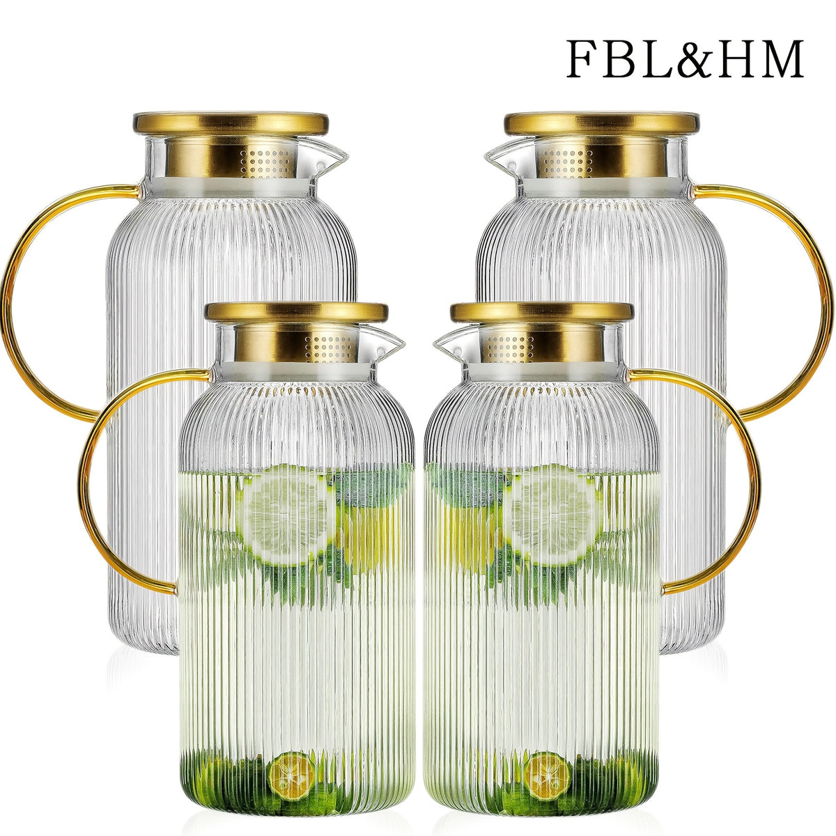 FBL&HM 2/4 PACK Glass Pitcher With 304 Stainless Steel Lid, 68 Oz/ 2 Liter Classic Vertical Stripes Water Pitcher, Glass Water Carafe For Cold Brew, Coffee, Lemonade, Iced Sun Tea, Beverage, Milk, Heat Resistant