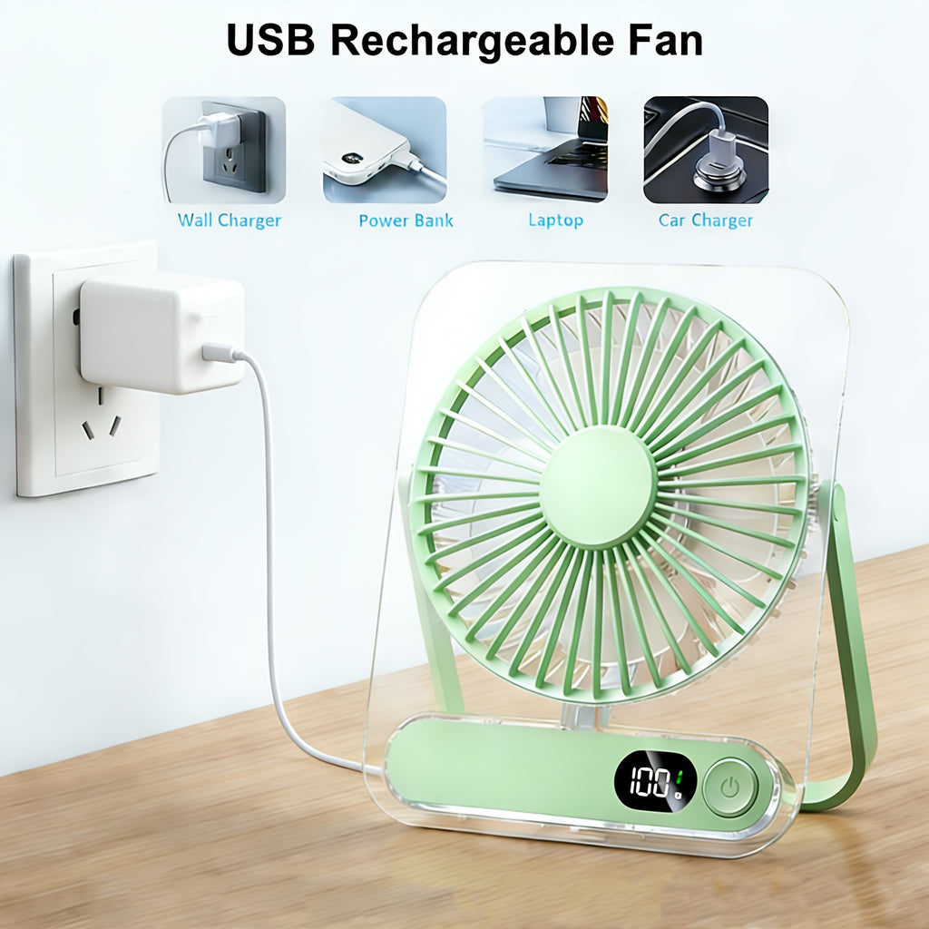 Portable USB Desktop Fan with 3000 Mah Battery - Ultra-Quiet, 5 Speeds, 180° Adjustable And Foldable Design, Digital Power Display, Suitable for Home, Office, And Travel Use, for Travel, For Outdoor Camping Travel