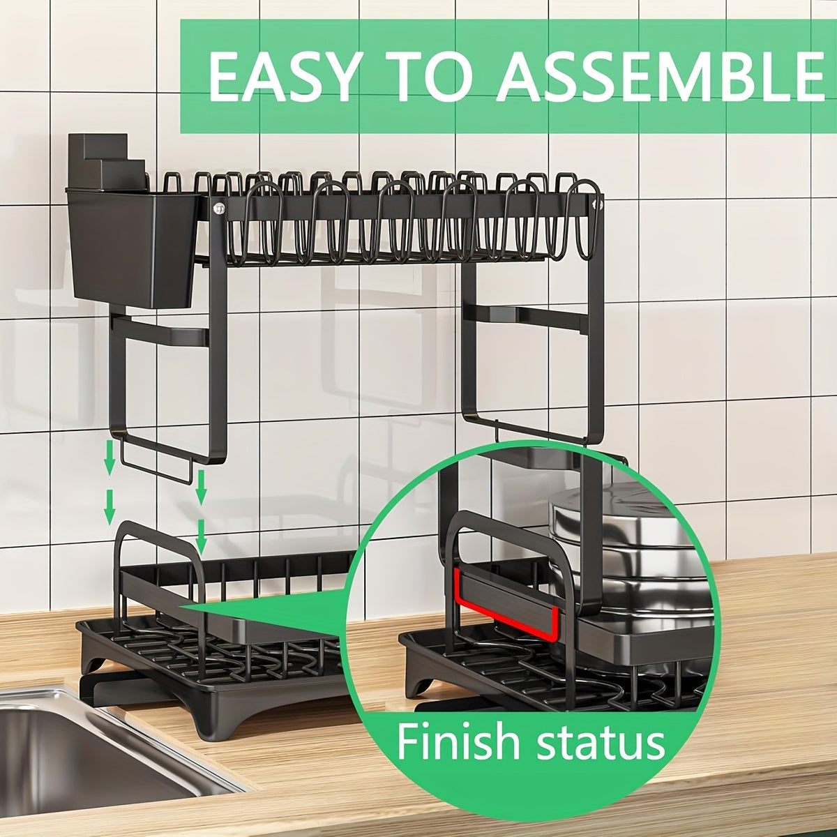 2 Tier Dish Drying Rack for Kitchen Counter, Dish Drainers for Kitchen Counter with Drainboard, Metal Kitchen Dish Rack with Drain, Kitchen Drying Rack Two Tier, Black Dish Racks