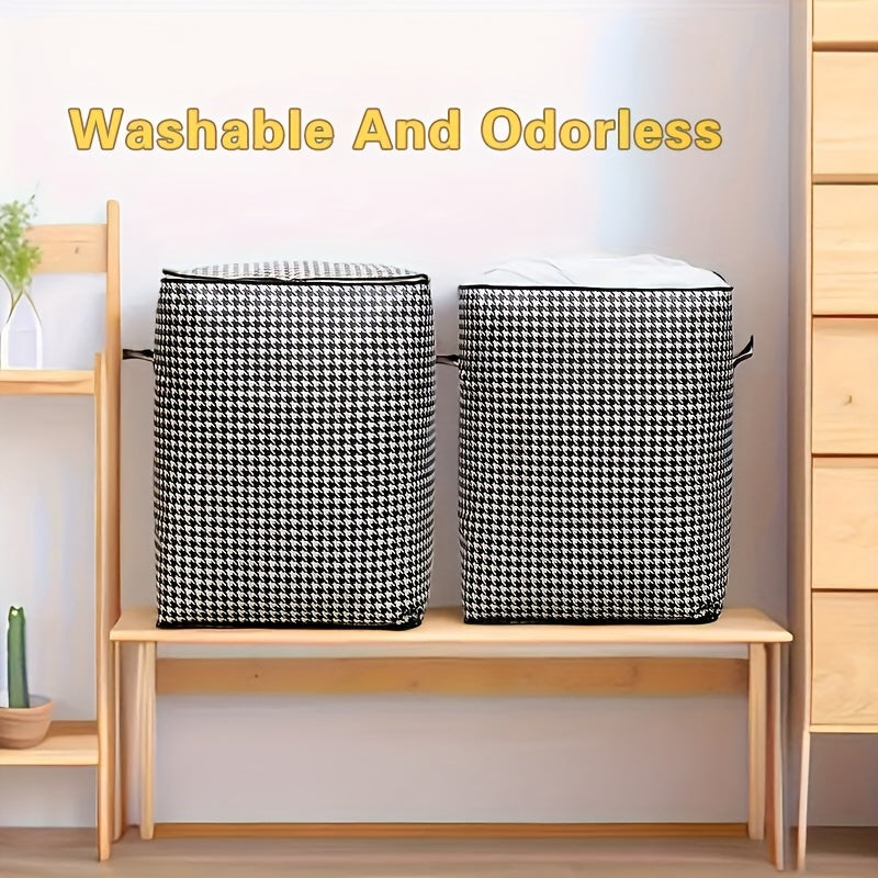 Checkered Storage Bags 2 Pack, Extra Large Fabric Organizers with Double Zippers and Carry Handles for Clothes, Bedding, Moving and Closet Organization