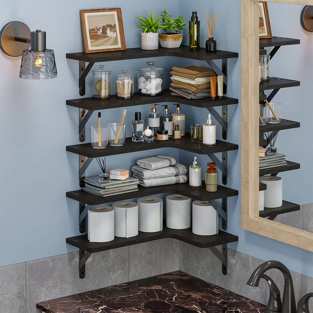 Corner Floating Shelf Set, 5-Piece Multi-Color or 6-Piece Black Wall Mounted Storage Shelves for Bathroom, Kitchen, Bedroom and Living Room Decor