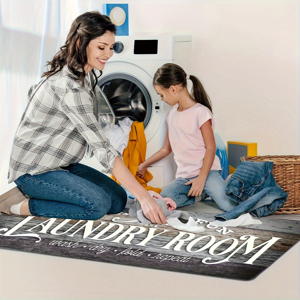 Non-Slip Laundry Room Mat- Heavy Duty Washable Rubber Backing Carpet, Dark Brown/Gray Wood Grain Design, Suitable for Laundry Room, Kitchen, Bathroom- Easy to Clean Home Carpet, Rustic Style, Durable Structure, Practical Home Item