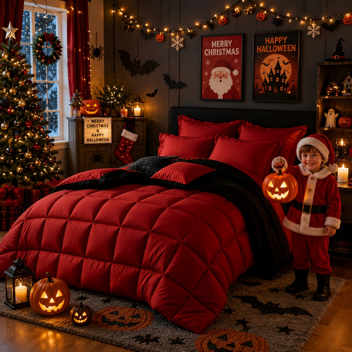 2/3pcs Red/Black Comforter Set Queen King Twin, All Season Comforter, 1Comforter, 1/2Pillowcases, Box Stitch Quilt, Hotel & School Quality Comforter, Home Bedding, Kids Room Decor, Halloween Christmas Holiday Gifts, Random Color