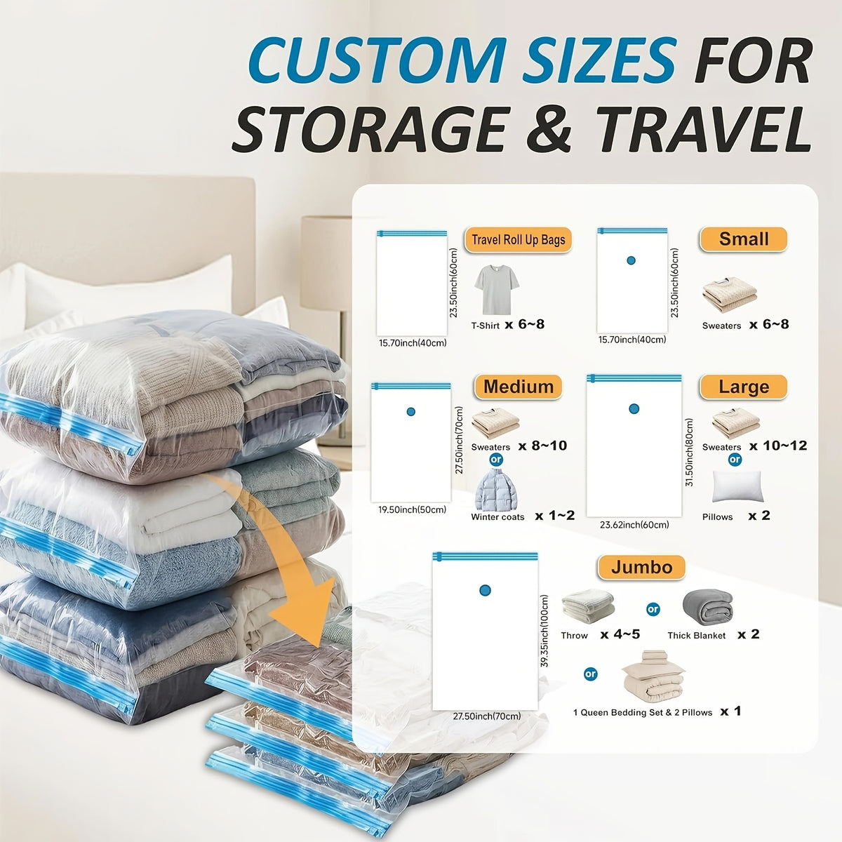 Jumbo Vacuum Storage Bags, Vacuum Seal Bags for Clothing, Travel Space Saver Bags for Luggage Clothes Pillows Comforters Blankets Bedding 4pcs 8pcs 10pcs 12pcs 20pcs 30pcs