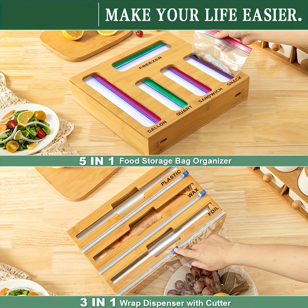 1pc 9 IN 1 Storage Bag Organizer for Kitchen Drawer, Bamboo Foil And Plastic Wrap with Cutter, Organizers Compatible Gallon, Quart, Sandwich Snack Size
