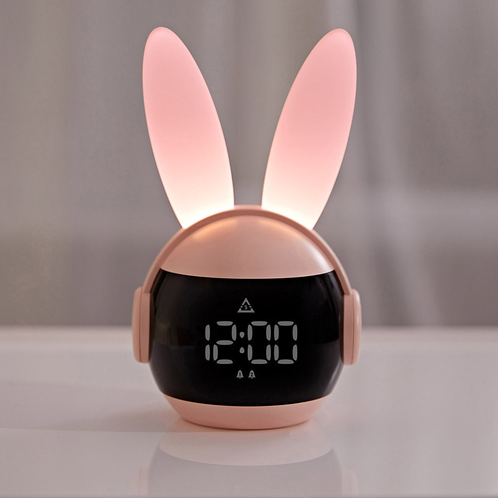 Rabbit Ear Alarm Clock with Dimmable Night Light, USB Rechargeable LED Digital Bedside Clock in Blue or Pink for Bedroom and Desk Decor