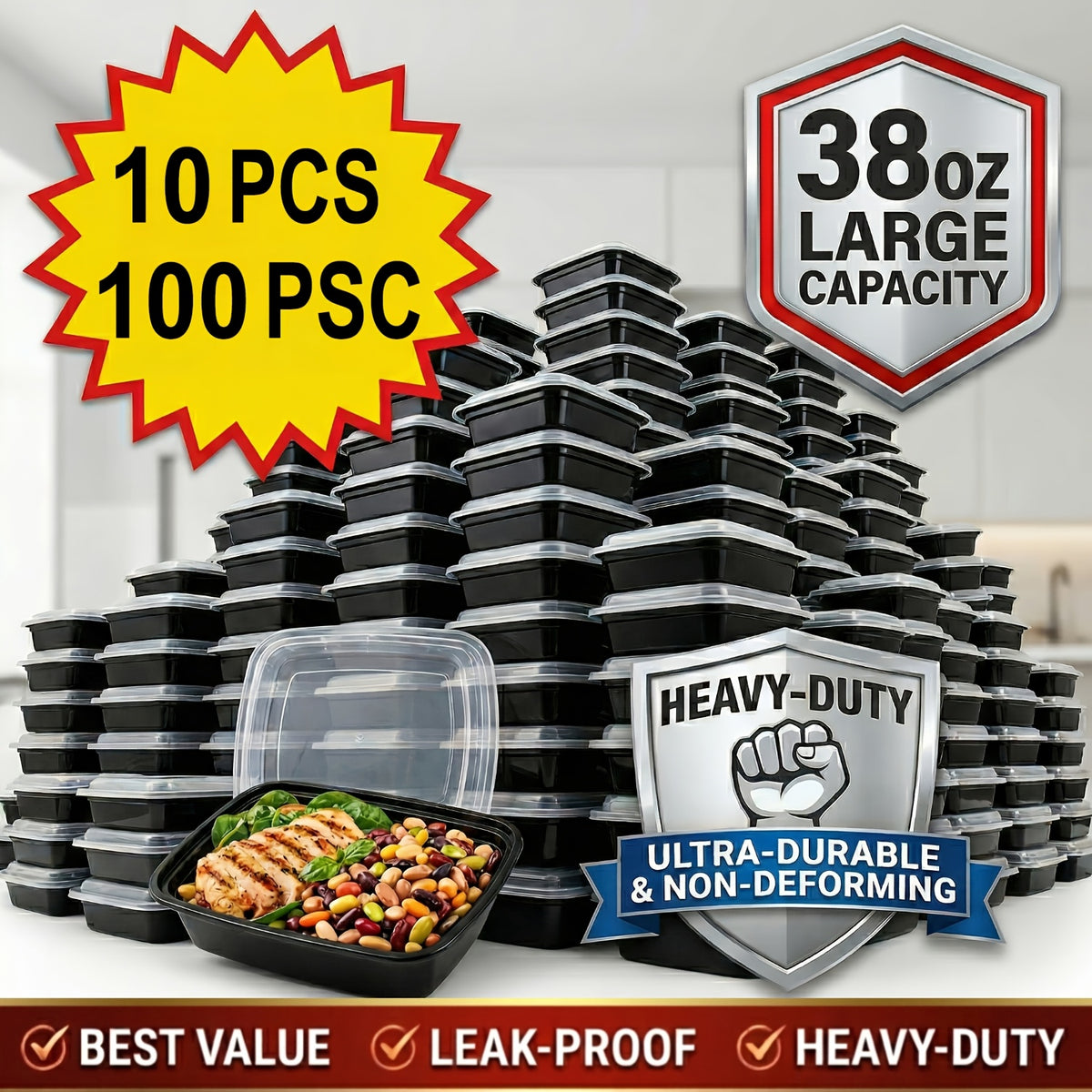 10/100pcs(5/50 Containers+5/50 Lids) 38oz Black Rectangular Meal Prep Containers, Plastic Food Storage Container, Disposable Bento Box, Lunch Box, Kitchen Organizers And Storage Accessories, Microwave & Dishwasher & Freezer Safe, Local Warehouse
