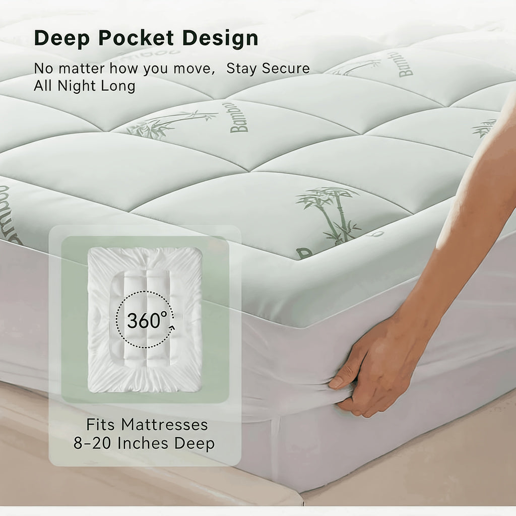Bamboo Mattress Topper, Breathable Bamboo Fiber & Microfiber Fill, Supportive Bedding Mattress Pad for Home Hotel Dorm with 8-21" Deep Pocket