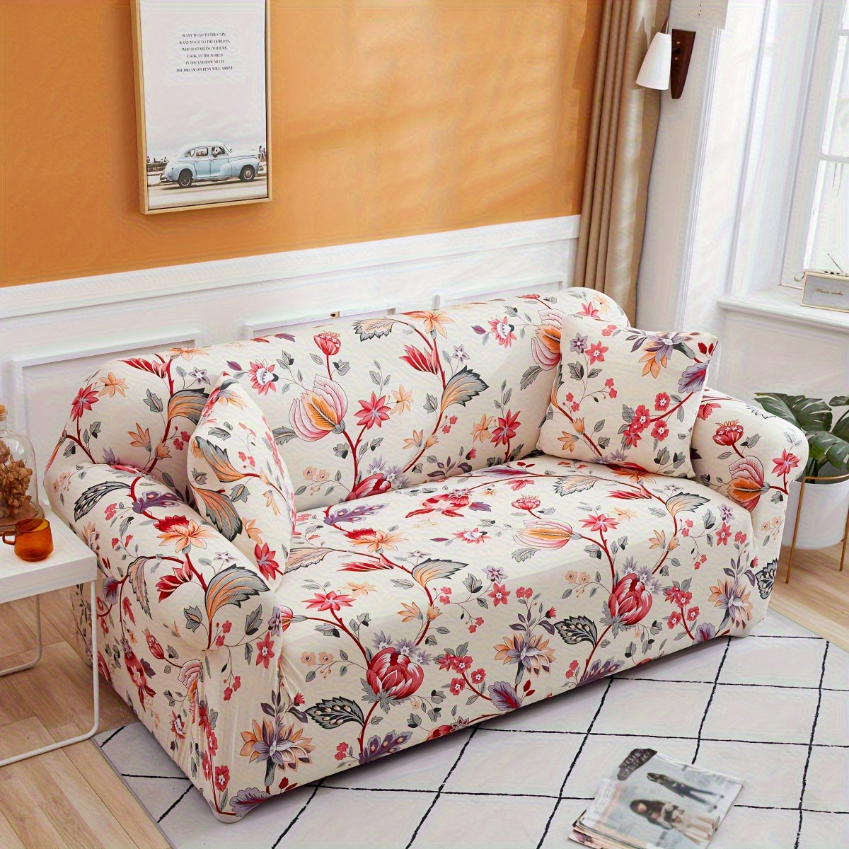Modern Stretch Full-Size Sofa Cover - High-Stretch Polyester Blend, Non-Slip & Machine Washable, Digital Print Telescopic Fit for 1-4 Seater Sofas, Home & Office Dual-Use, Contemporary Style, Furniture Protector, Floral Pattern, Snug Elastic, Furniture Sl