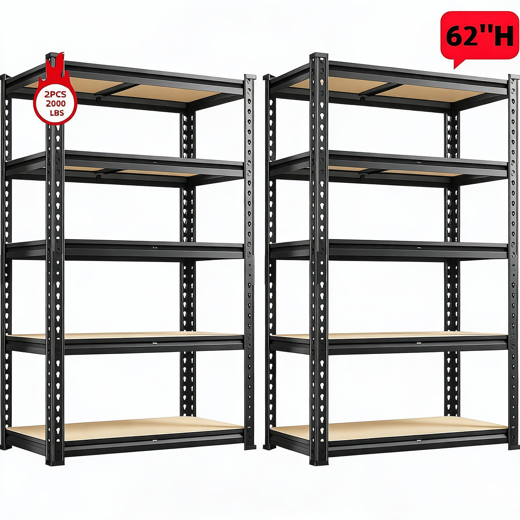 REIBII 2000LBS for garage Shelving Storage Shelves Heavy Duty 5-tier Metal Shelving Units For Garage Shelves 60" H X 28" W X 12" D, Adjustable Utility Shelf Rack For Kitchen Warehouse Basement Pantry Utility Rack Shelf, Black, Standing Shelf
