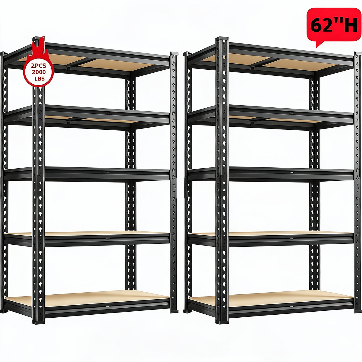 REIBII 2000LBS for garage Shelving Storage Shelves Heavy Duty 5-tier Metal Shelving Units For Garage Shelves 60" H X 28" W X 12" D, Adjustable Utility Shelf Rack For Kitchen Warehouse Basement Pantry Utility Rack Shelf, Black, Standing Shelf