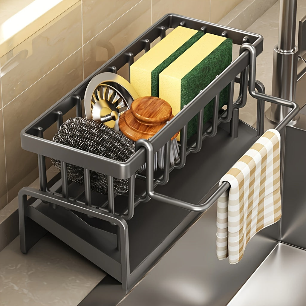 Kitchen Sink Caddy with Drainage, Kitchen Sink Organizer with Removable Brush Holder, Sink Caddy with Drainage for Dishwashing Brush, Sponge, Soap And Scrubbing Additions, Basket, Trash Can And Container