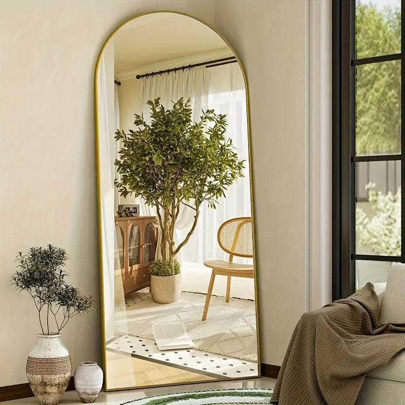 LED Lighted/Not-LED Lighted Full-Length Mirror with Arched/Rect Top - Aluminum Frame Floor-Standing Dressing Mirror for Bedroom & Living Room, Black/Golden/White
