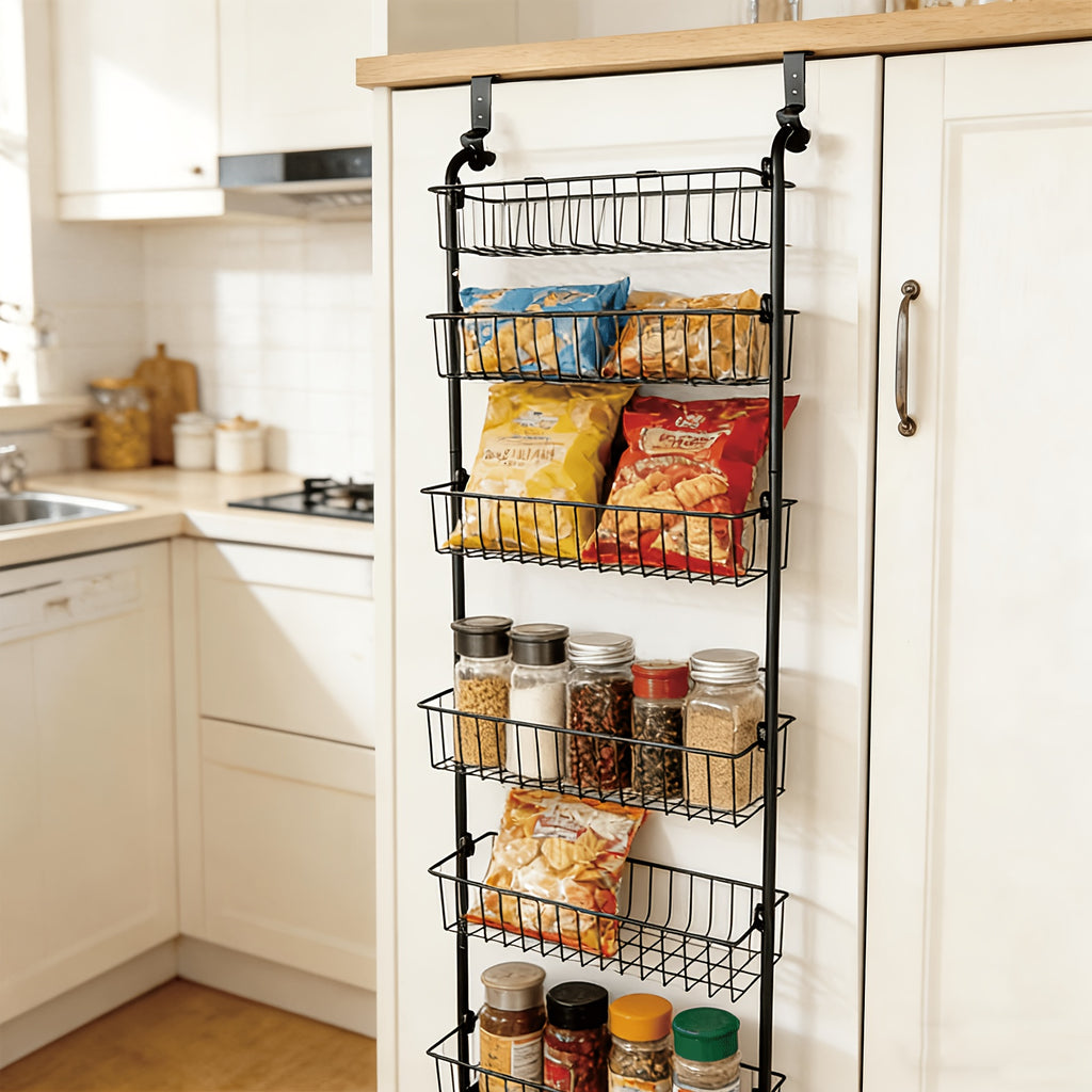 8-Tier & 6-Tier, Over The Door Pantry Organizer, Metal Hanging Storage Shelf, Adjustable Baskets, Spice Rack, For Kitchen, Pantry, Laundry, Bathroom, Multifunctional, Black & White, Door-Mounted Organizer, Utility Racks