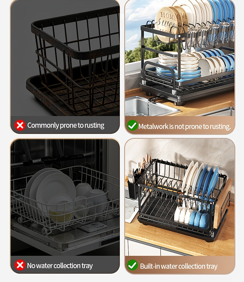 Two-tier Metal Kitchen Countertop Dish Rack Is Space-saving And Durable. It Comes with A Knife And Fork Holder, A Cup Rack, A Cutting Board Holder, And A Rust-proof Draining Tray. It Organizes Your Tableware And Helps Keep Your Kitchen Neat And Tidy.