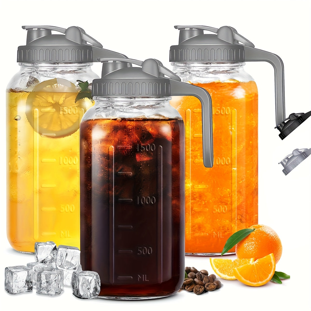 2/3pcs Thickened Glass Water Pitcher, Black/Gray, 64oz Mason Cold Brew Bottle, with Sealed Leak-Proof Lid, Lead-Free Glass Material, Breast Milk Jug, Refrigerator Storage, Coffee, Family Dinner Water Cup (2/3pcs)