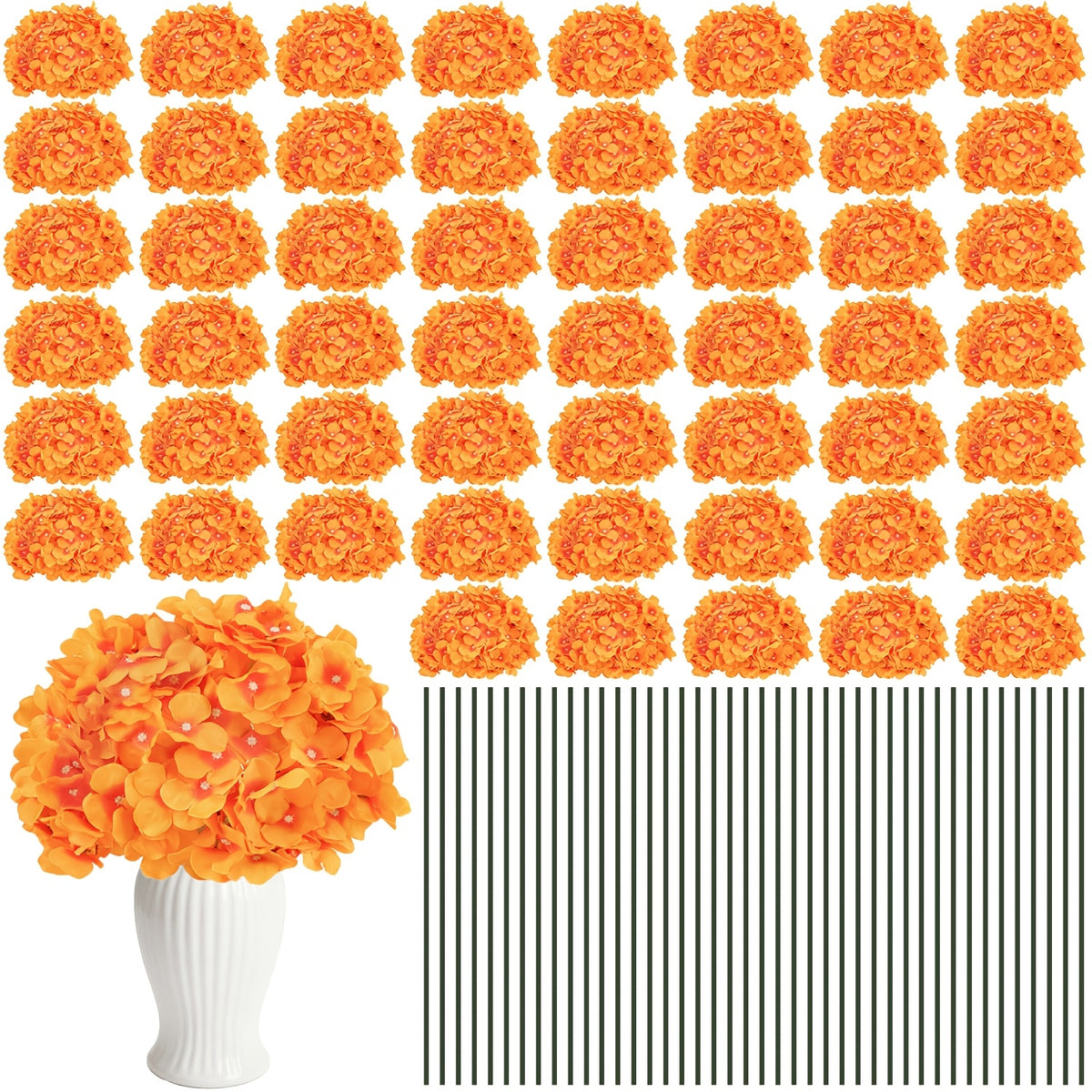 Set of 24 Synthetic Hydrangea Blooms with Stems, Ideal for Wedding Decorations, Home Parties, Baby Showers, And Store Displays. These Floral Arrangements Are Long-Lasting And Can Be Reused, Available in White, Orange, Blue, Dreamy Purple, Champagne