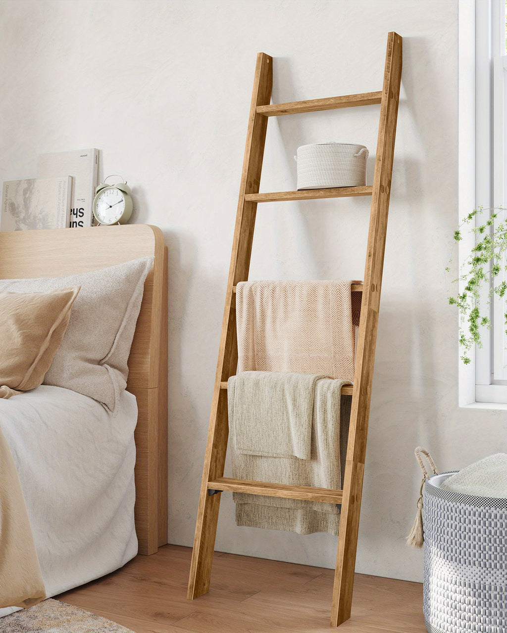 5-Tier Blanket Ladder Decorative Farmhouse for The Living Room, Maroon Brown Ladder Rack for Storage and Decor, Ladder Shelf, Towel Racks