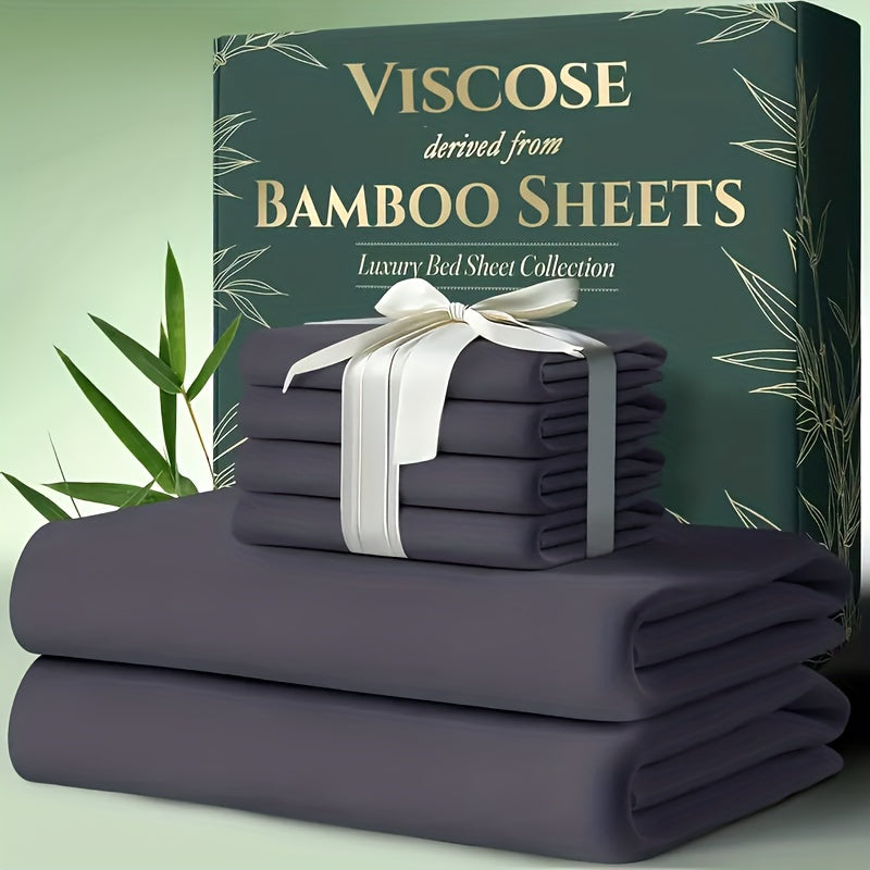 Extra Deep Pocket Bamboo Sheets - 4/6pcs Breathable & Cooling Bamboo Bed Sheet Set, Hotel Luxury Fitted Sheet Set, Soft Wrinkle-Free for Extra Deep Mattresses, Room Decor, Twin/Full/Queen/King Size Sheet & Pillowcase Sets