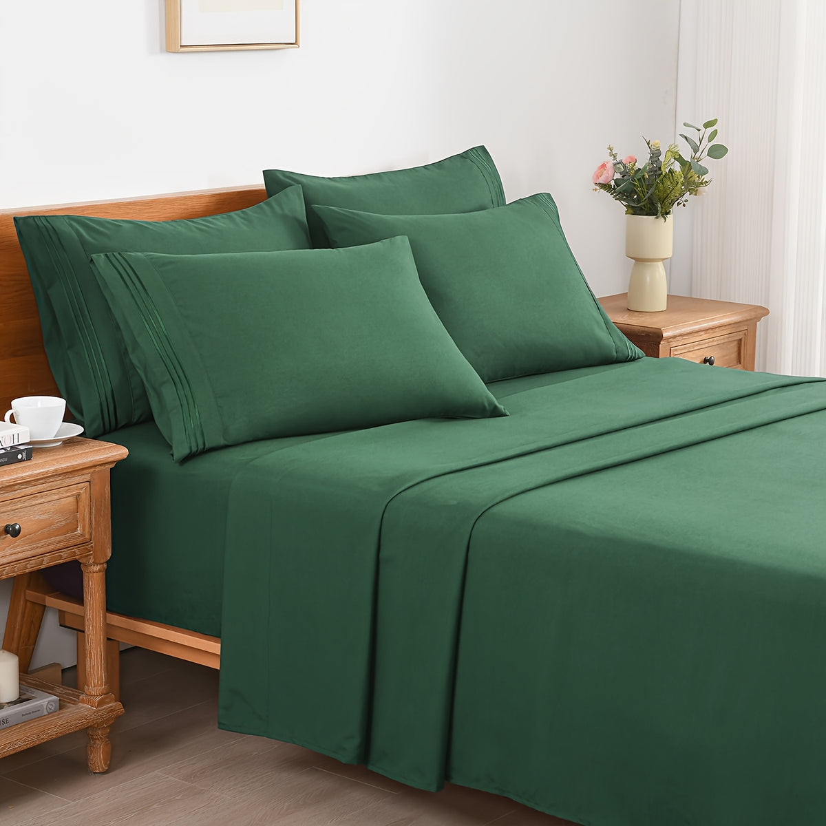 6pcs Summer Cooling Bed Sheet Set, 18 Inch Deep Pocket Ultra Soft Breathable Polyester Solid Color Bedding Three Embroidery 100 GSM Anti Fading Wear Resistant Wrinkle Free Easy Care Bedroom Home Decor