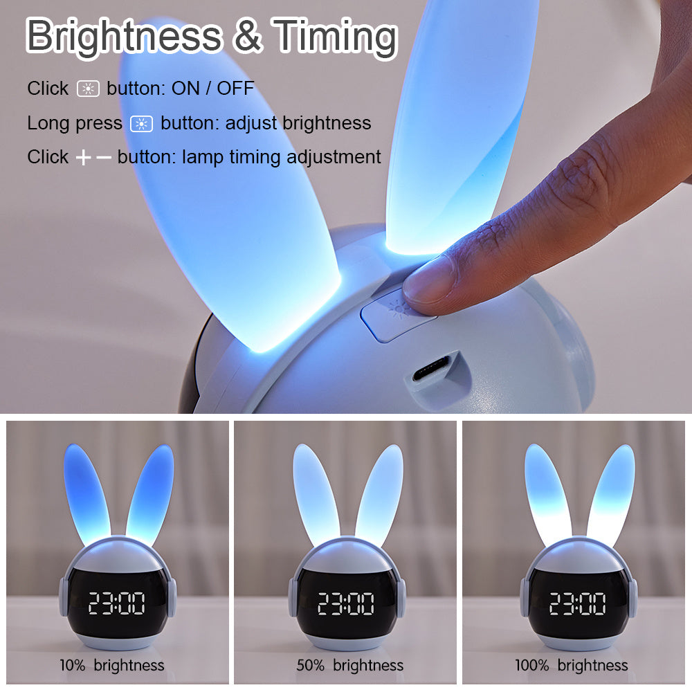 Rabbit Ear Alarm Clock with Dimmable Night Light, USB Rechargeable LED Digital Bedside Clock in Blue or Pink for Bedroom and Desk Decor