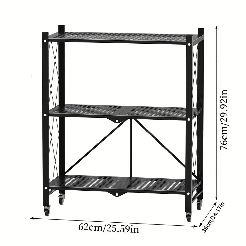 3-Layer Foldable Storage Rack with Wheels | High Load-bearing Capacity, Suitable for Garage and Kitchen Use, Black Iron Shelving Unit, Practical and Multipurpose, Utility Racks