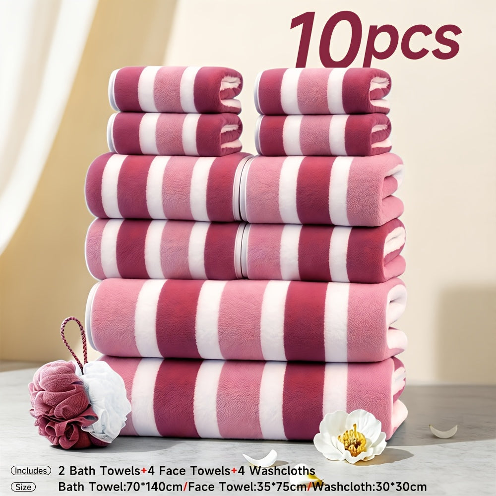 10pcs/3pcs/1pc Towel Set, No Hair Loss, Super Water Absorption, Ultra-Soft Microfiber Beach Towels for Adults, Super Soft Five-star Hotel Standard Two-color Striped Interval Bath Towel Combination(11.81x11.81inch, 13.78x29.53inch, 27.56x55.12inch)