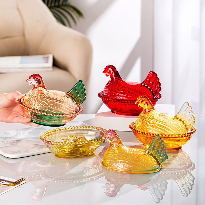Adorable Candy-Colored Chicken-Shaped Crystal Glass Storage Jar with Lid and Placemats - Perfect Table or Desk Ornament Decorative Dish - Ideal for Candy, Snacks, Jewelry, or Desktop Decor, Organizing Supplies, Kitchen Accessories - Home Storage