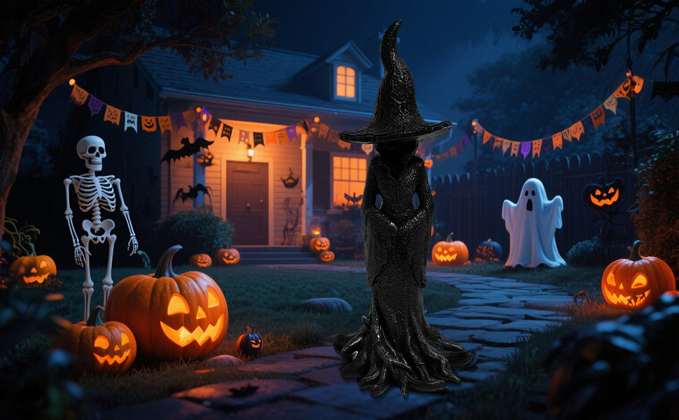 12 Inches 8 Inches Gothic Witch Statue - Hand-Painted Style Plastic Tabletop Decor with Black & Golden Gothic Design, Intricate Witch Figure with Pointed Hat & Expressive Eyes Year-Round Spooky Home Accent for Witch-Themed Parties & Gothic Home Decor