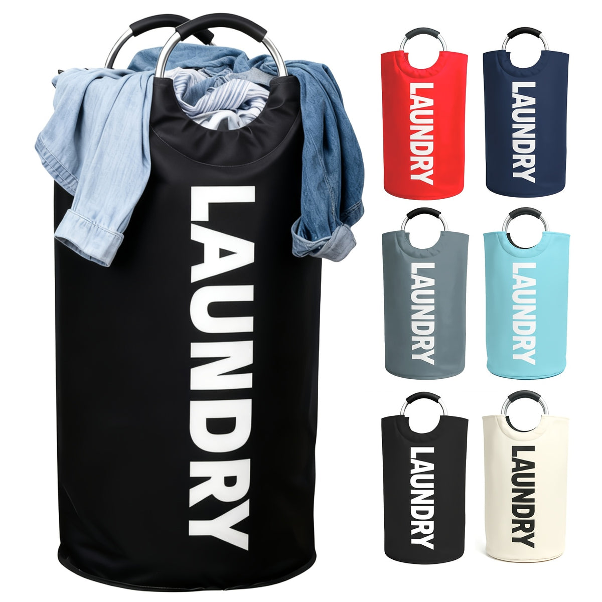 Extra Large Foldable Laundry Basket Hamper Bag (Aluminum Full Loop Handle) - Tall Collapsible Fabric Clothes Bin for Bedroom, Bathroom, College Dorm Storage, Closet Organization & Washing (Space-Saving Design), Laundry Baskets
