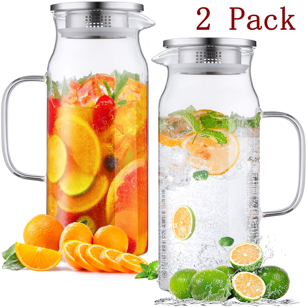1 Pack/2 Pack 68oz Square Glass Pitcher with Lid And Handle for Fridge, Iced Tea And Coffee Carafe Beverage Serveware, Heat Resistant Borosilicate Water Jug for Hot/Cold Drinks And Milk, 304 Stainless Steel Lid