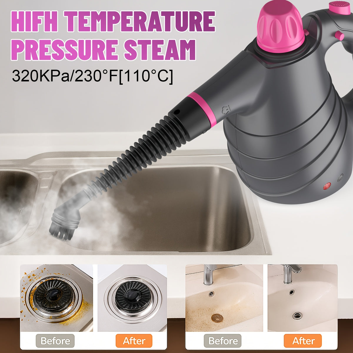 1pc 1050W Handheld Steam Cleaner | 12 Brush Heads, Fast Heat-Up, Chemical Free, Lightweight & Portable, Large 11.83oz Water Tank, Metal & Plastic, Plug, Safety Lock for Home, Car, Floor, Furniture