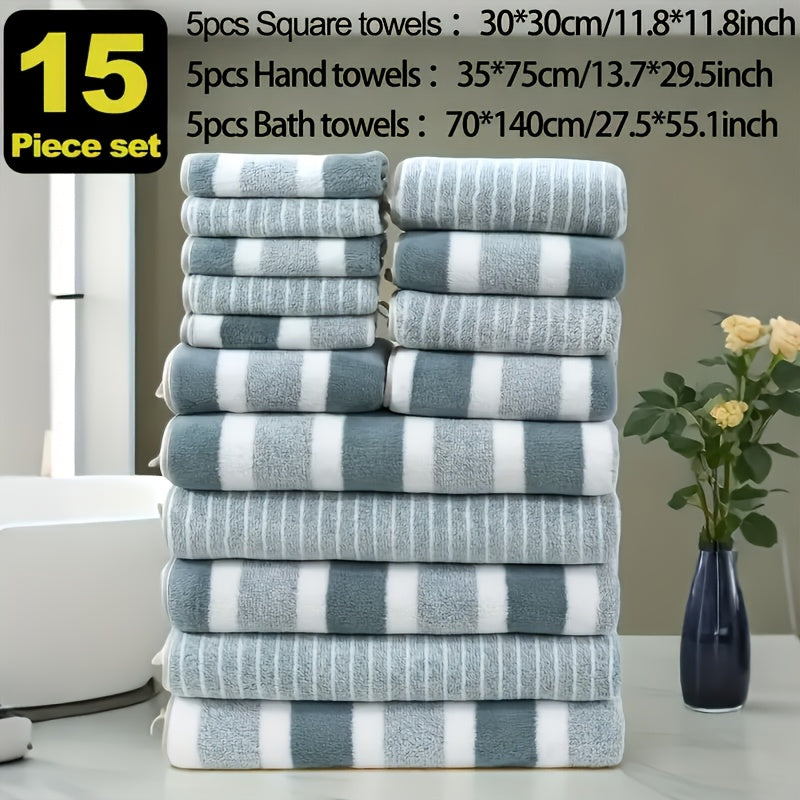 9/15pcs Classic Towel Set, No Hair Loss, Super Absorbent, Super Soft Two-Color Striped Interval Bath Towel Combination, Including 2/5 Large Bath Towels, 2/5 Large Face Towels, 5 Hand Towels, Bathroom Supplies, And Beach Essentials