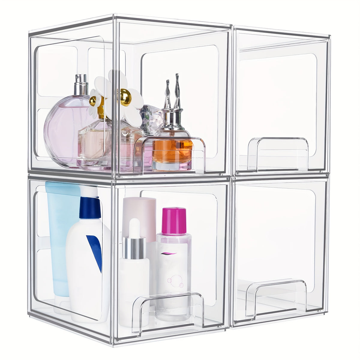 4 Pack Stackable Storage Drawers, 7.5"D X 6"W X 6.6"H Acrylic Bathroom Makeup Organizers, Clear Plastic Storage Bins for Vanity, Perfume Organizer