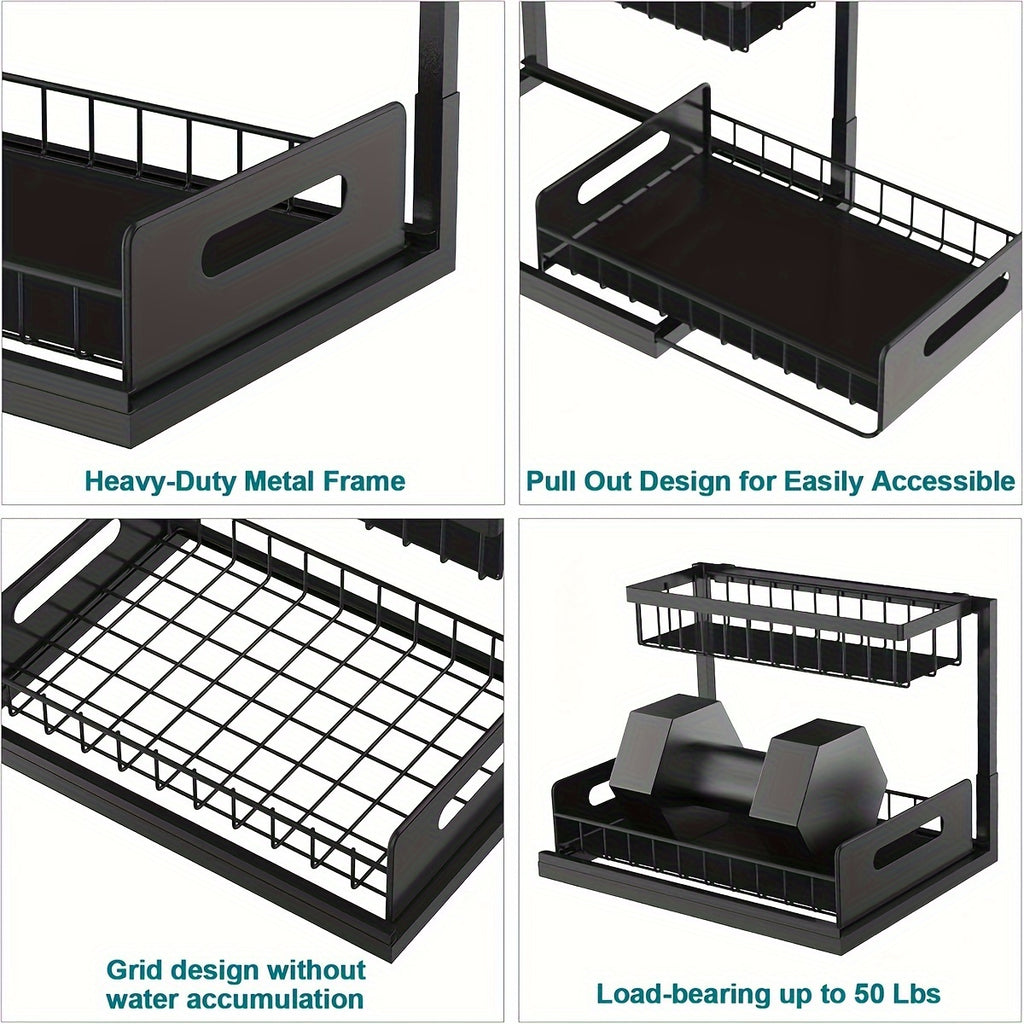 2-Tier Under Sink Organizers And Storage, Under Sink Organizer, Slide Out Pull Out Cabinet Organizer Shelf, Metal Sliding Drawer for Kitchen Bathroom Pantry Cabinet Closet Organization Rack (1 PACK/2 PACK)