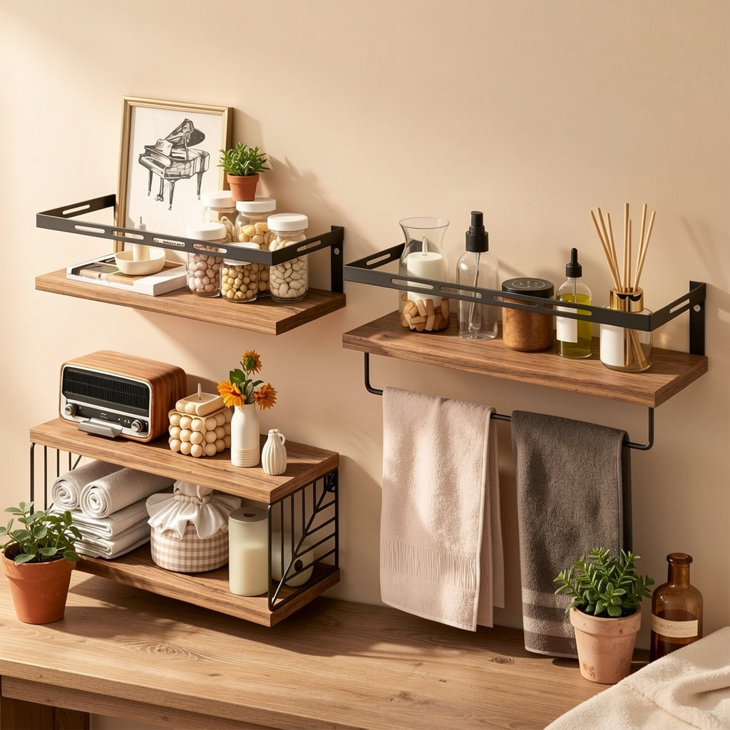 TOMNK 3+1 Tier Wall-Mounted Shelf with Black Metal Guardrails and Storage Baskets, Sturdy and Durable, Space-Saving, Multi-Functional Home Decor, Suitable for Kitchen, Bathroom, Bedroom, Living Room, Small Indoor Spaces, Wall Decoration
