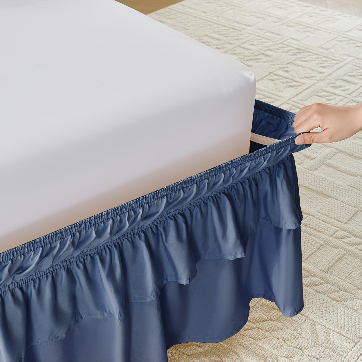 Double Ruffle Bed Skirt 16 Inch Drop, Elastic Wrap Around Bed Skirts For Twin Full Queen King Size Bed, Easy To Install Dust Ruffle, Machine Washable Soft Fabric, Multi Ruffle Bedskirt For Bedroom Bedding Home Decor