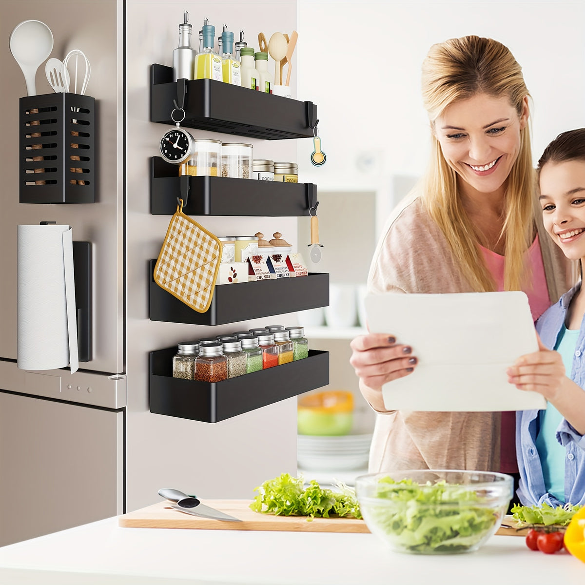 5/6pcs Multifunctional Magnetic Refrigerator Spice Organizer Set, Magnetic Kitchen Paper Towel Holder, Magnetic Refrigerator Kitchen Utensil Organizer with Four Hooks, Space Saving Design, Hole-Free Design, Kitchen Accessories, Home Decoration, Utility Sh