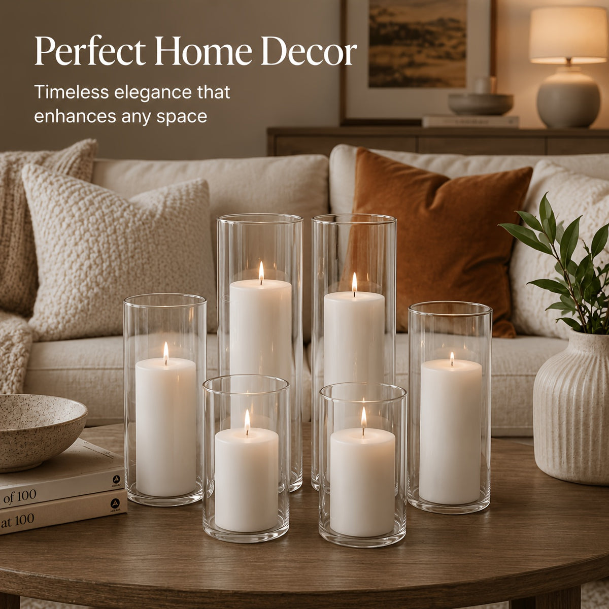 White Pillar Candles with Clear Glass Hurricane Holders- Elegant Cylinder Candle Vases for Weddings, Parties, Centerpieces, Home & Office Decor