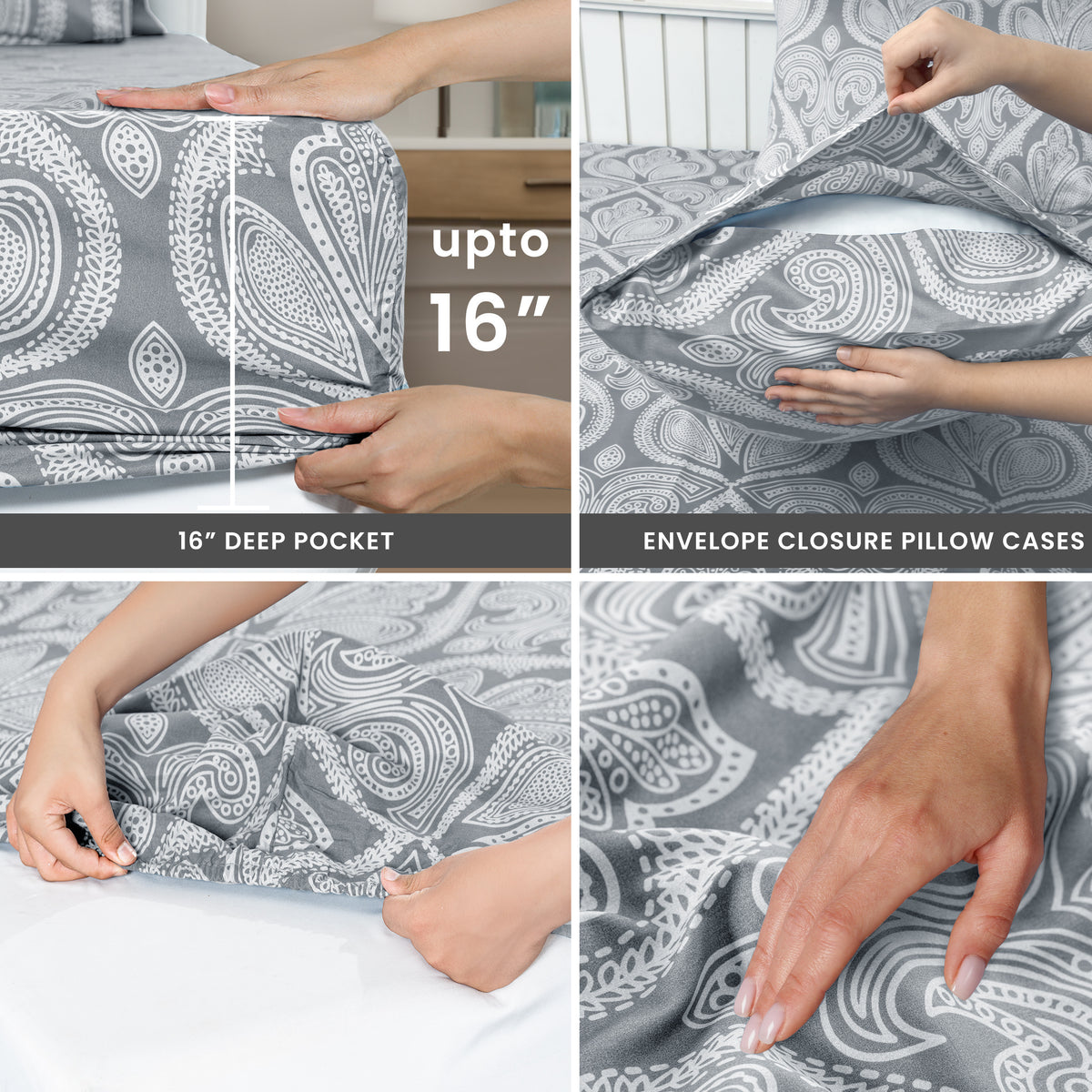 Paisley Bed Sheet Set, Soft Double Brushed Microfiber Bedding with 16-Inch Deep Pocket Fitted Sheet and Pillowcases in Six Sizes for Bedroom Comfort