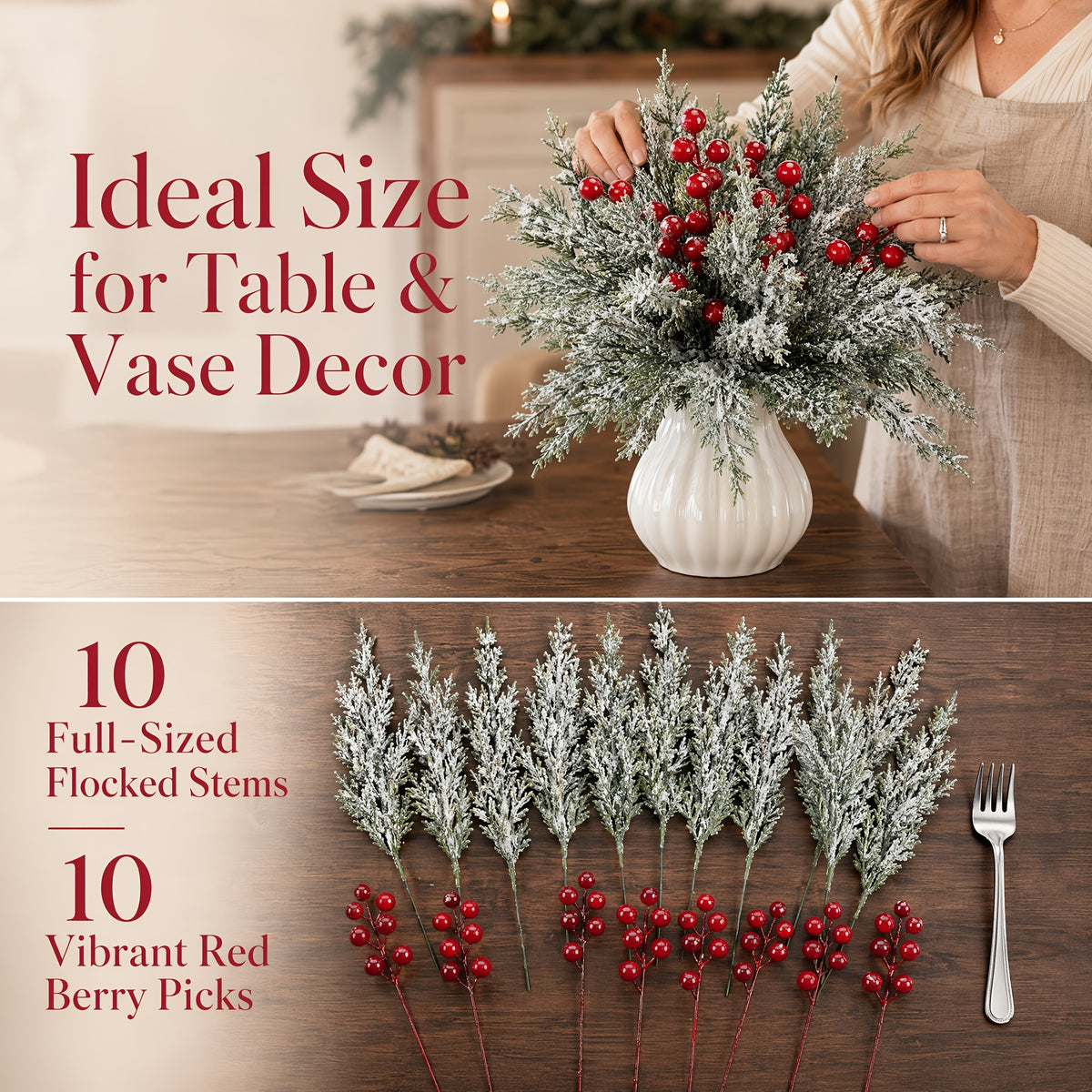 20pcs 14in Artificial Christmas Greenery Stems with Red Berries for DIY Wreaths, Xmas Tree Decor, Holiday Centerpieces, Indoor Home Decor, Christmas Vase Fillers