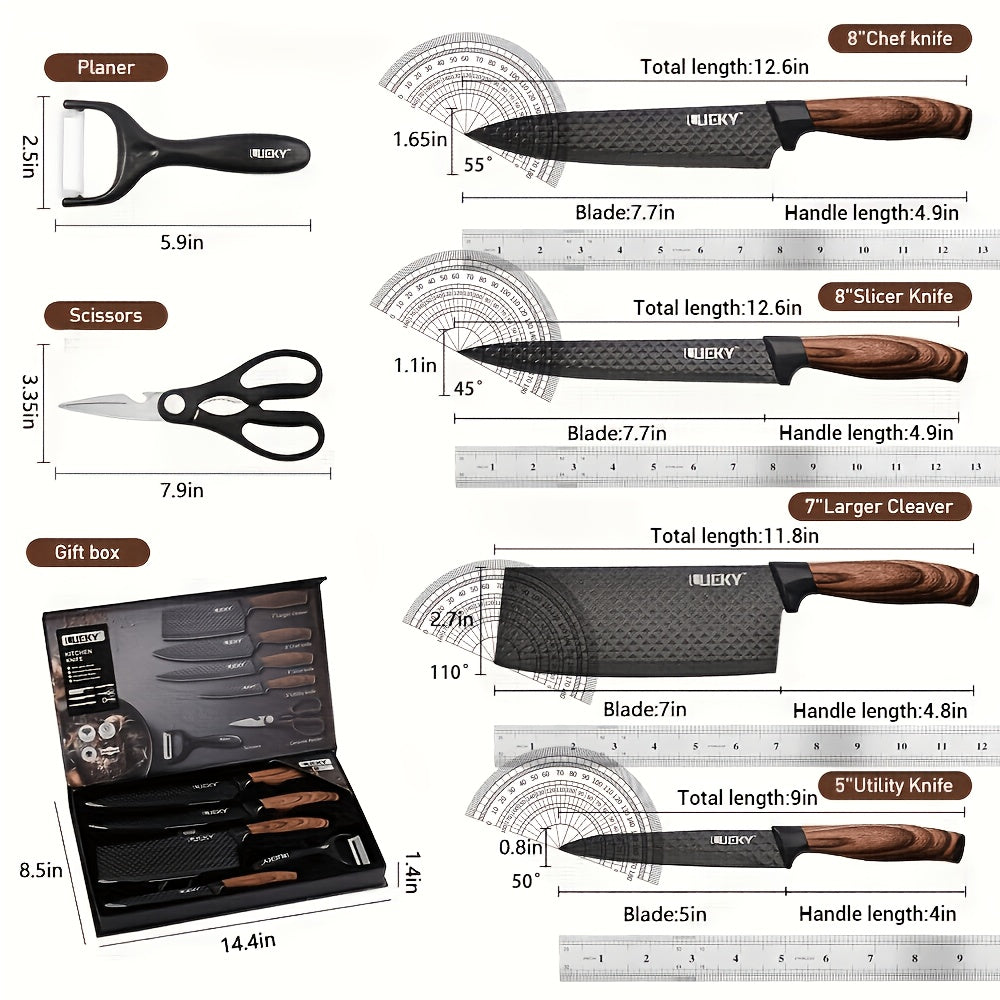 Professional 6/7/8 Kitchen Knife Set, Chef's Knife, Slicing Knife, Scraper And Scissors, High Carbon Stainless Steel Super Sharp, with Anti-stick Ergonomic Wooden Handle, Chef's Knife Set, Suitable for Family Travel, Gift Box Set