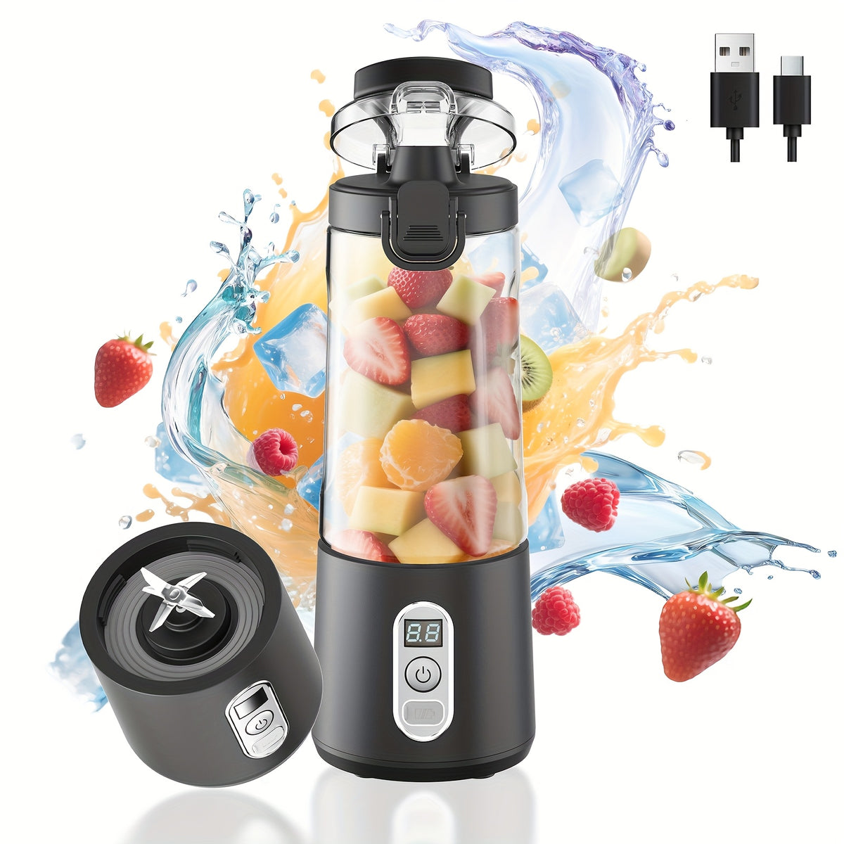 LALAYUAN USB-Powered Juicer & Juicer with Digital Timer, Battery Left Display, High-Speed Ice Crush, USB-C Fast Charge, One-Tap NO-Spill Lid, 6-Blade Stainless Steel - Smoothie Blender Portable, Protein Shakes, Gym, Travel Smoothie Maker
